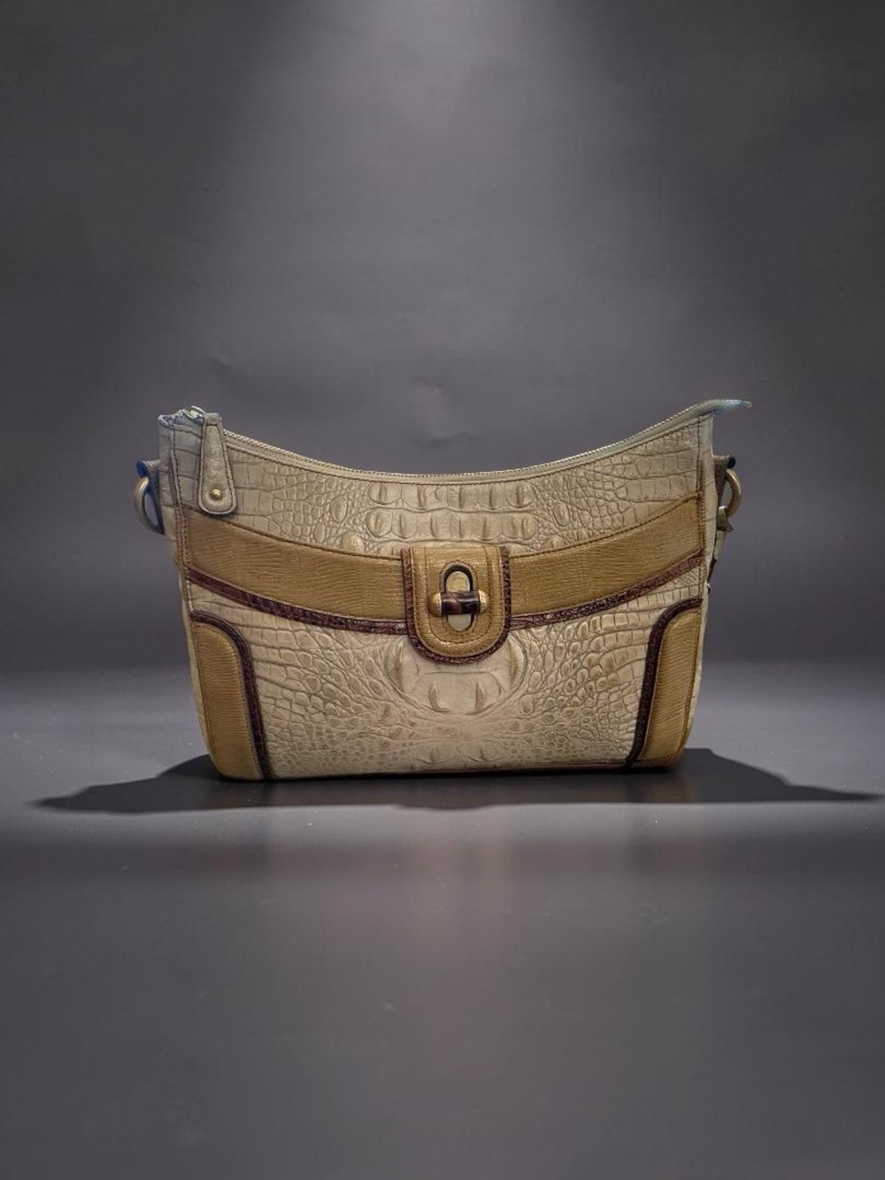BRAHMIN Croc-Embossed Cream Shoulder Bag with Tan and Brown Trim